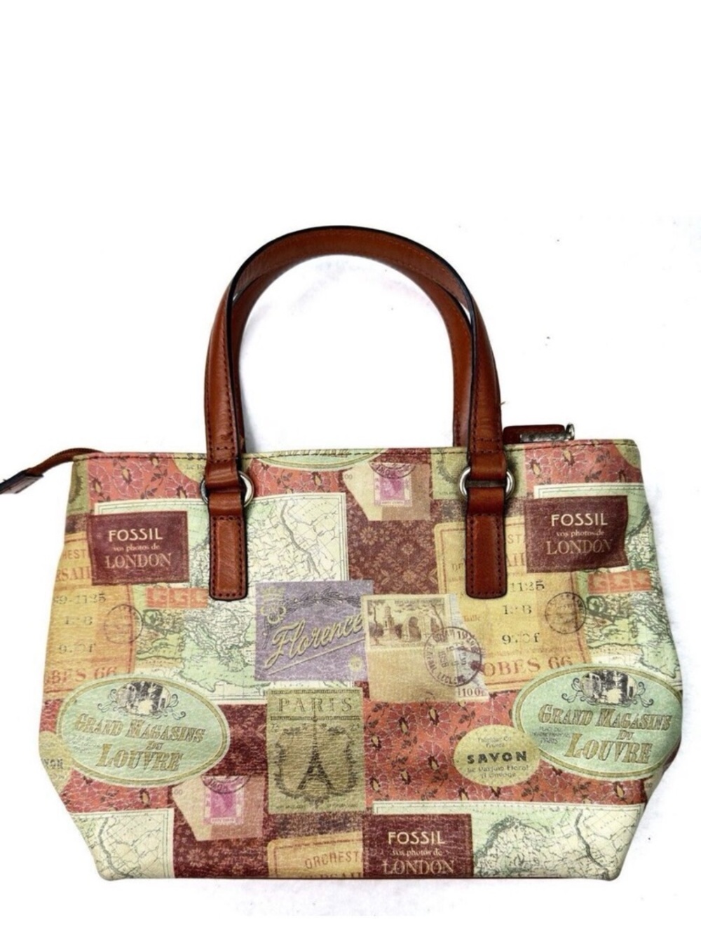 Fossil Leather Purse Hand Bag Travel Stamp Themed Green Brown Top Handle